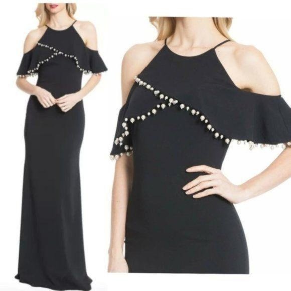 $795 NWT BADGLEY MISCHKA Women's Black Maxi Long Dress‎ 4 SMALL Ruffle Pearls - Picture 3 of 12